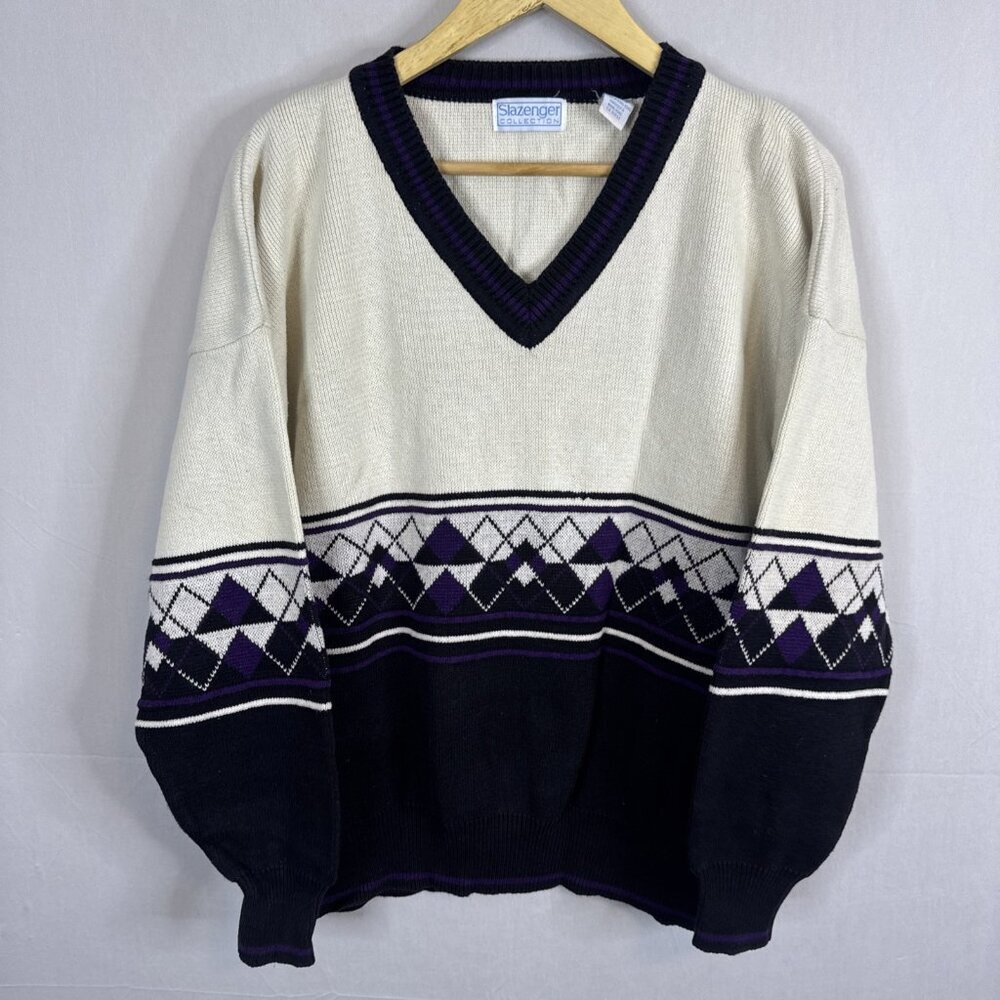 Slazenger Golf Tennis Sweater  V Neck Preppy Men XL Purple Cream Cotton‎